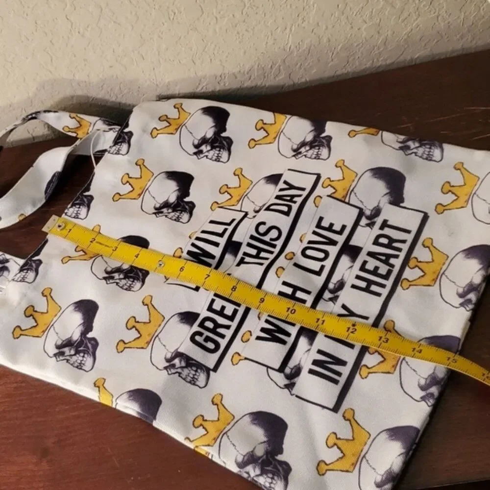 Canvas Tote Bag Skull with Crown Graphic I Will Greet This Day With Love